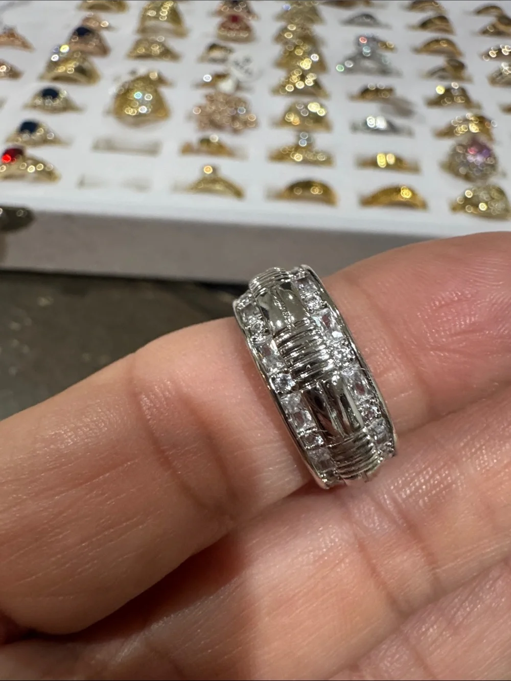 Silver Tone Women's Multi-Row Crystal Ring - Elegant Statement Band